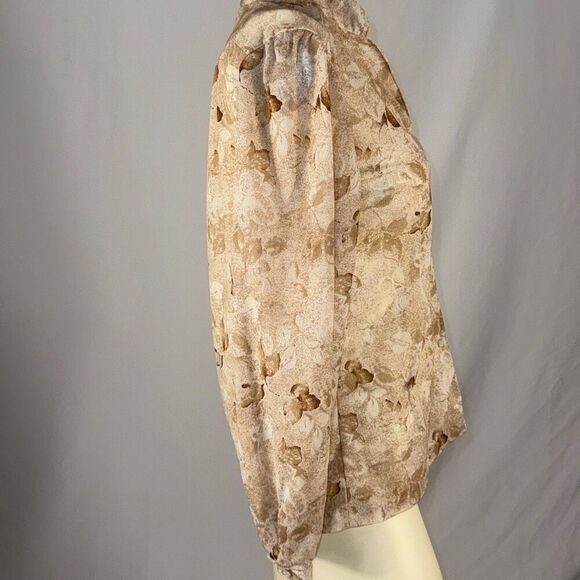 Vintage Tan Cream Sheer Nylon Blend Floral Leaf Button Down Blouse Size 12 - Picture 5 of 10